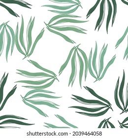 Simple green seaweeds seamless pattern isolated on white background. Marine plants wallpaper. Underwater foliage backdrop. Design for fabric, textile print, wrapping, cover. Vector illustration.
