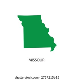 A simple green silhouette map of the state of Missouri, isolated on a white background, with its name clearly labeled below. This graphic represents the geographical outline of the American state.