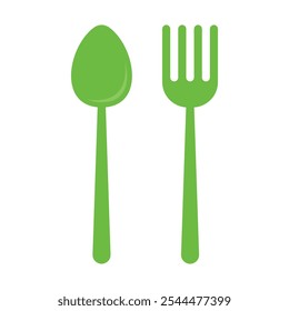 Un conjunto de iconos de cuchara y tenedor simple y verde. Ideal para representar comida, comedor o temas culinarios en medios digitales o impresos.