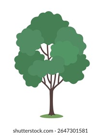 Uma árvore verde simples com coroa folhosa completa e tronco marrom em estilo de desenho animado plano, exibido em um fundo branco. Conceito de natureza, floresta e meio ambiente. Ilustração vetorial