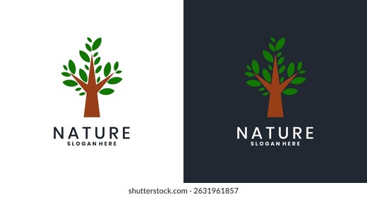 Simple green tree logo with brown trunk and fresh leaves
