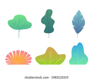 Simple green trees, branches and bushes. Minimal style tropical leaves, gradient colors, jungle and garden summer botanical elements. Decor objects vector cartoon isolated set