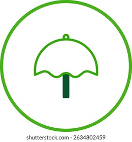 Simple green umbrella icon in circle frame representing protection and safety