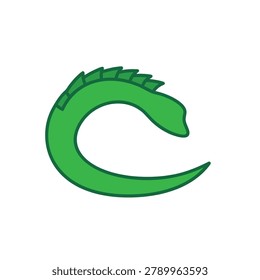 A simple green vector icon representing a stylized lizard or iguana with a curved body and back spikes isolated on a white background