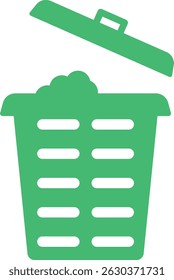 Una simple Ilustración vectorial verde de un bote de basura con la tapa entreabierta, mostrando los desechos en su interior.  Es un diseño limpio y minimalista adecuado para diversas aplicaciones.