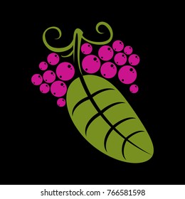 Simple green vector leaf of deciduous tree, stylized nature element. Ecology symbol, can be used in graphic design. Flat leaf with tendrils and purple seeds or berries.