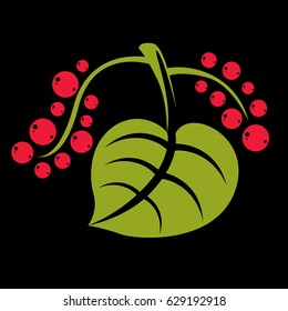 Simple green vector tree leaf with red seeds, stylized nature element. Ecology symbol, can be used in graphic design. Summer or spring season illustration