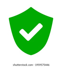 Simple Green White Shield Defence Icon with Checkmark Sign. Vector Image.