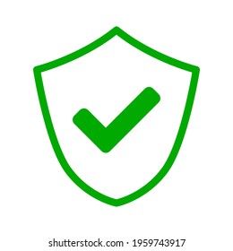 Simple Green White Shield Defence Icon with Checkmark Sign. Vector Image.