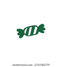 Un simple icono de caramelo envuelto en verde con rayas diagonales blancas sobre un fondo blanco limpio.