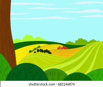 simple green and yellow landscape, day time. flat design. vector illustration