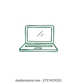 Un boceto simple, verde-delineado de un ordenador portátil abierto en un fondo blanco