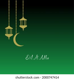Einfache Grußkarte zum Feiern von Eid Al Adha, Hintergrundgradation Grün und Dekorationslampe flache Illustration.