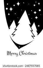 simple greeting card for Christmas. black and white color with fir tree and Christmas writing