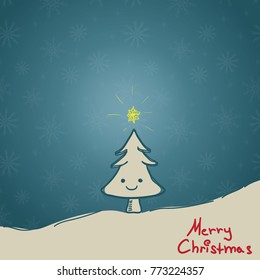 Simple greeting card with a cute smiling emoji face christmas tree