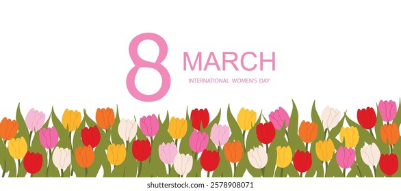 Simple greeting card design for March 8 celebration. Horizontal banner for Women's Day with tulips on a white background. Modern design for  greetings. Vector illustration