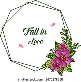 Simple greeting card fall in love, with elegant style purple wreath frame. Vector