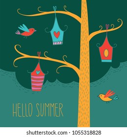 Simple greeting card with hand drawn birds and birdhouses. Vector illustration for textile, paper, design, prints, decor and art. Hand drawn lettering HELLO SUMMER