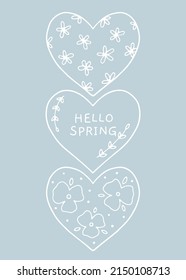 Simple greeting card with hand drawn hearts with floral elements in flat style. Charming spring illustration with cute heart. Vector poster for spring and Easter design. Colored vector postcard