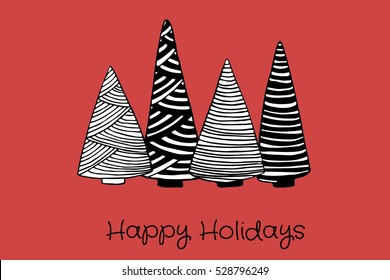 a simple greeting card with hand-drawn christmas trees; vector illustration; happy holidays