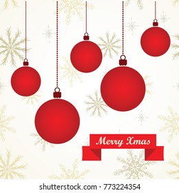 Simple greeting card with hanging christmas balls on a white background with golden snowflakes and red ribbon