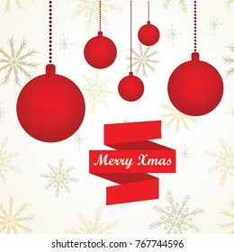 Simple greeting card with red hanging christmas balls on a white background with golden snowflakes