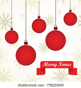 Simple greeting card with red hanging christmas balls on a white background with golden snowflakes