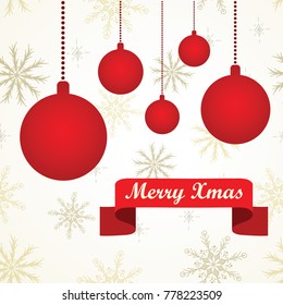 Simple greeting card with red hanging christmas balls on a white background with golden snowflakes