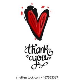 Simple greeting card with red heart and thank you lettering. Sketch for floral rustic eco decoration autumn celebration or banner. Hand drawn symbols on white backdrop.