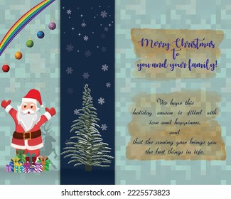 Simple Greeting card Santa, Fir tree, Snowflakes, rainbow, wishes stars, gifts for print, fabric, textile, background, backdrop, vector, cover
