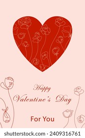 Simple greeting card for Valentine's Day. Heart, flowers. Cute vector illustration in minimalist style.