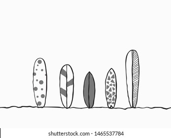 simple grey, black and white childish continuous lines art surf board for vacation occasion in summer for pattern, background, banner, label, wallpaper, cover, texture etc. vector design.
