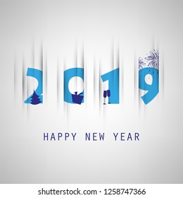 Simple Grey and Blue New Year Card, Cover or Background Design Template With Christmas Tree, Gift Box, Drinking Glasses And Fireworks Icons - 2019