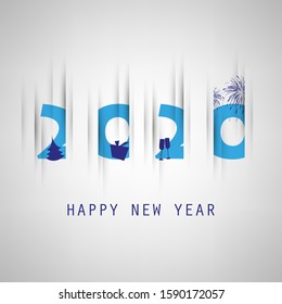 Simple Grey and Blue New Year Card, Cover or Background Design Template With Christmas Tree, Gift Box, Drinking Glasses And Fireworks Icons - 2020
