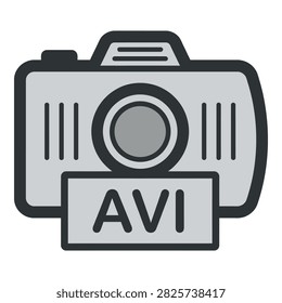 A simple grey camera icon with AVI text on a white background, symbolizing video recording