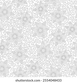 Simple grey daisy flowers, white background. Seamless floral pattern-505.