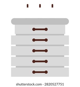 Simple grey dresser with brown handles and knobs on a plain white background
