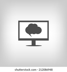 Simple grey icon of computer with speech bubble. Chat symbol