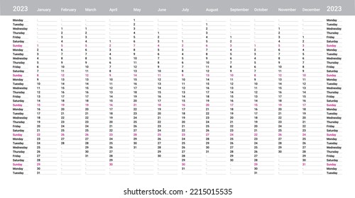 Simple grey linear calendar yearly planner template for 2023 with vertical month grid and highlighted sundays. Wall monthly cycle planner in a minimalist style. Agenda organizer. Week starts on monday