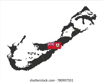 Simple Grey Map Of Bermuda (UK) With Flag Isolated On White Background.