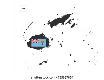 Simple Grey Map Of Fiji With Flag Isolated On White Background.