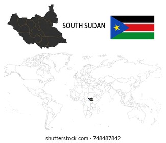 Simple Grey Map Of South Sudan With Flag Isolated On White Background.