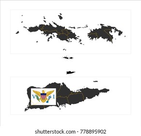 Simple Grey Map Of United States Virgin Islands (U.S.) With Flag Isolated On White Background.