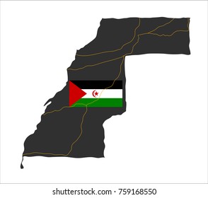 Simple Grey Map Of Western Sahara With Flag Isolated On White Background.