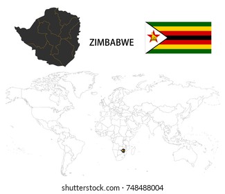Simple Grey Map Of Zimbabwe With Flag Isolated On White Background.
