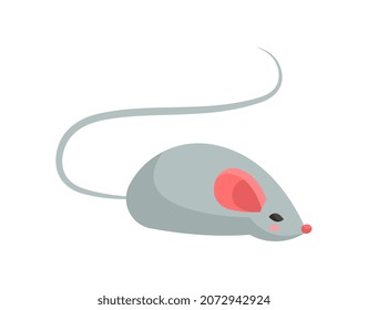 Ratón gris simple. Juguete de gato, diversión de mascotas. Desarrollo de instintos de caza, comodidad y comodidad en casa. Rápido amante del queso, roedor. Biología, naturaleza, icono de la vida salvaje. Dibujo vectorial plano de dibujos animados