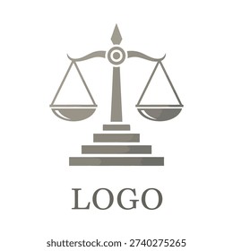 A simple grey scale illustration of a balance scale with the word logo underneath. Vector