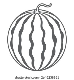 A simple grey scale illustration of a watermelon featuring wavy lines as its stripes The image is set against a white background and has a minimalist style.
