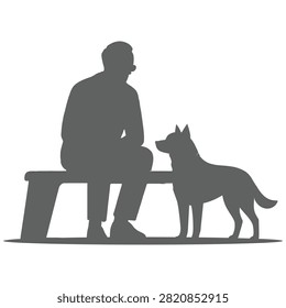 A simple grey silhouette illustration of a man sitting on a bench with his pet dog standing next to him, representing friendship and companionship.