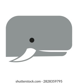 A simple grey whale icon with a white underbelly and black eye on a plain white background